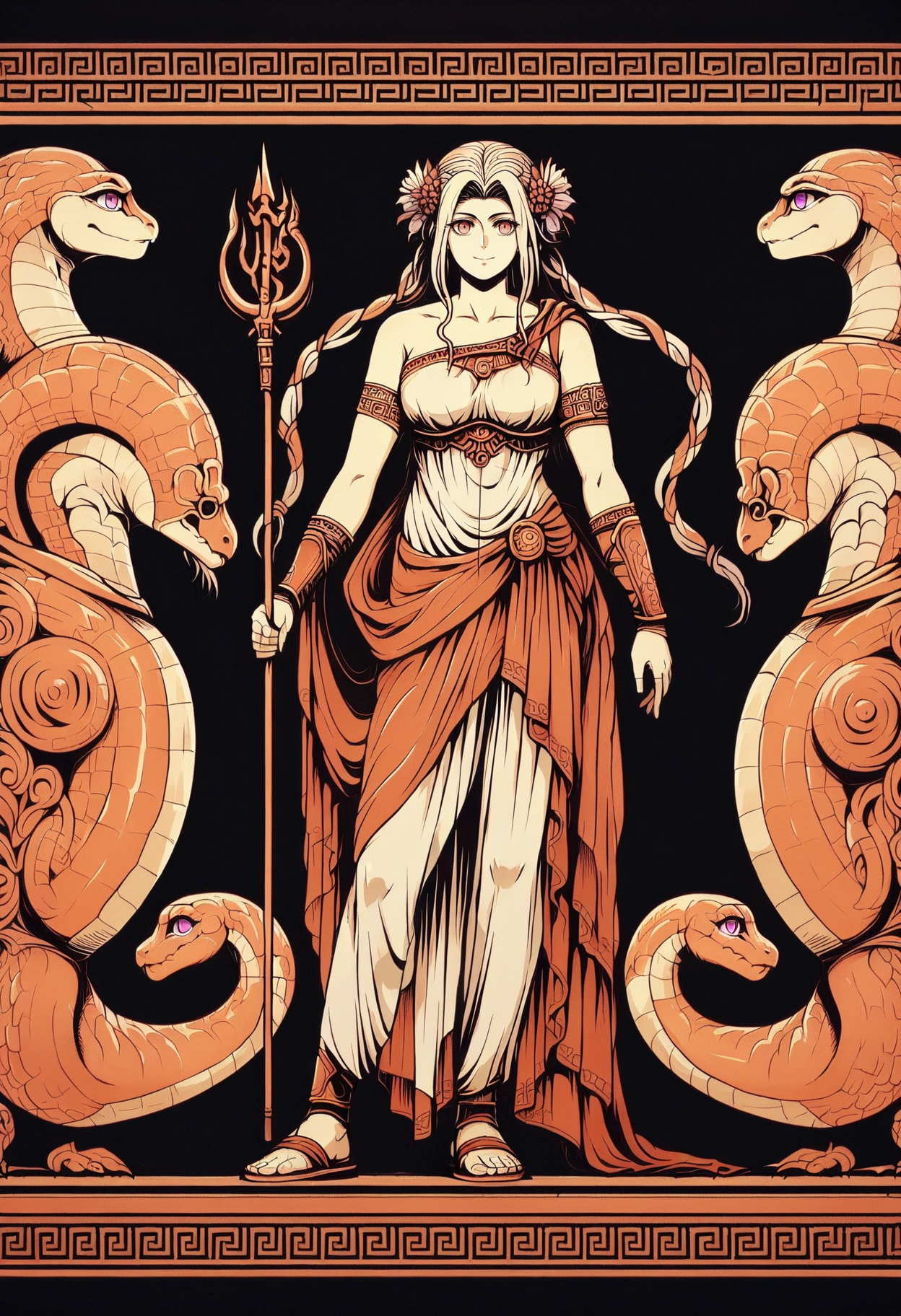 score_9, score_8_up,score_7_up, <lora:grkpttry_EliPot:1>, limited palette, orange theme, black background
,flower,solo,hair ornament,1girl,monkey jon,pink eyes,gladiator sandals,white dress,holding trident,purple flower,forehead,holding weapon,fate \(series\),snake hair,collarbone,trident,fate/grand order,sandals,gauntlets,alternate costume,dress,bare shoulders,greco-roman clothes,single gauntlet,ancient greek clothes,closed mouth,medusa \(fate\),smile,polearm,weapon,toes,full body,holding,gold trim,highres