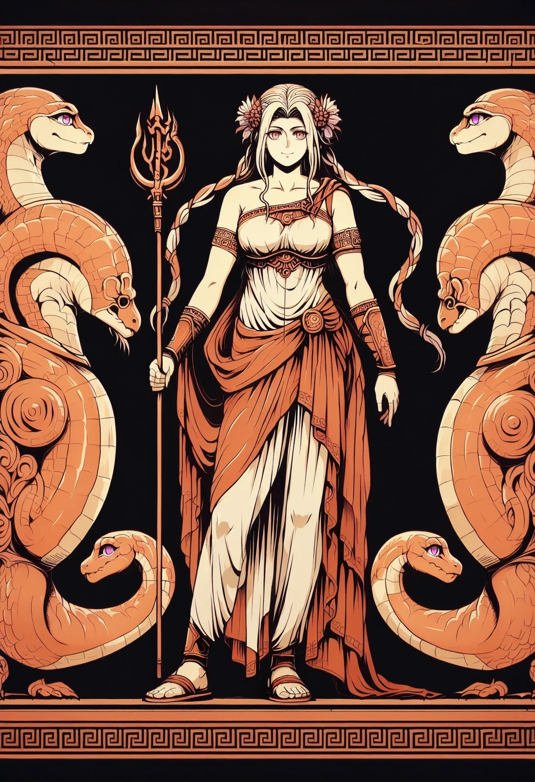 score_9, score_8_up,score_7_up, <lora:grkpttry_EliPot:1>, limited palette, orange theme, black background
,flower,solo,hair ornament,1girl,monkey jon,pink eyes,gladiator sandals,white dress,holding trident,purple flower,forehead,holding weapon,fate \(series\),snake hair,collarbone,trident,fate/grand order,sandals,gauntlets,alternate costume,dress,bare shoulders,greco-roman clothes,single gauntlet,ancient greek clothes,closed mouth,medusa \(fate\),smile,polearm,weapon,toes,full body,holding,gold trim,highres