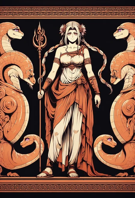 score_9, score_8_up,score_7_up, <lora:grkpttry_EliPot:1>, limited palette, orange theme, black background
,flower,solo,hair ornament,1girl,monkey jon,pink eyes,gladiator sandals,white dress,holding trident,purple flower,forehead,holding weapon,fate \(series\),snake hair,collarbone,trident,fate/grand order,sandals,gauntlets,alternate costume,dress,bare shoulders,greco-roman clothes,single gauntlet,ancient greek clothes,closed mouth,medusa \(fate\),smile,polearm,weapon,toes,full body,holding,gold trim,highres