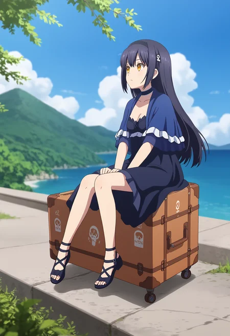 <lora:Kushima Kamome_pony-000050:1>,
Kushima Kamome,1girl,suitcase,outdoors,solo,looking afar,day,frills,frilled capelet,sitting,blue capelet,black choker,black footwear,dress,sky,capelet,choker,blue sky,sidelocks,cloud,rolling suitcase,skull and crossbones,hairband,blurry,ocean,full body,frilled choker,frilled dress,looking to the side,very long hair,black dress,blurry background,depth of field,tree,mountainous horizon,shoes