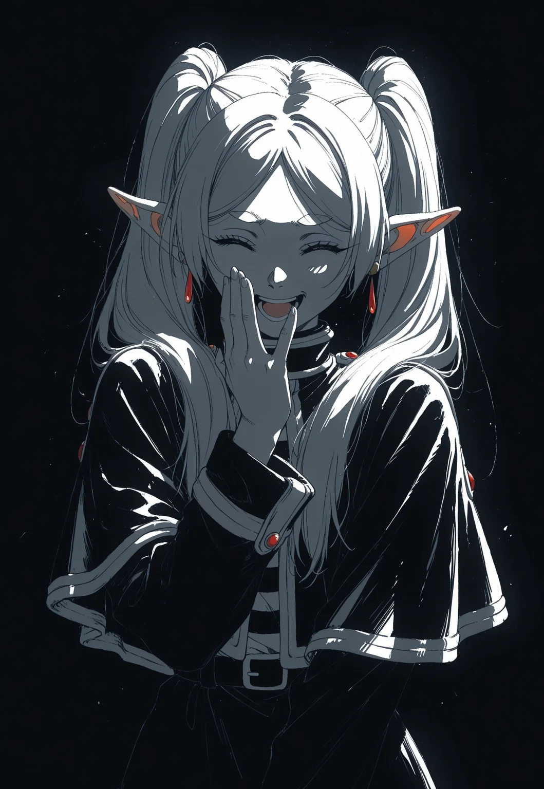 masterpiece, best quality, dark theme, 1girl, 1990s \(style\), 1994, traditional media, rough sketch, linear hatching, frieren, ojou-sama pose, laughing