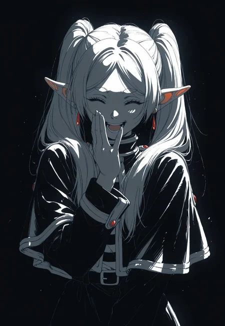 masterpiece, best quality, dark theme, 1girl, 1990s \(style\), 1994, traditional media, rough sketch, linear hatching, frieren, ojou-sama pose, laughing