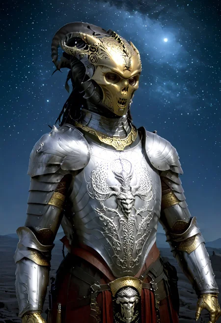 An insanely Detailed Divine Xenomorph, Golden and silver in color, cyberpunk, a crimson tinge to the golden color, Hyperdetailed, Omnipresent, Beautiful, Sinister overtones, otherworldly,((masterpiece, best quality)), fantasy, solo, 1 alien knight, silver armor chestplate with silver medieval ornaments and runes, galactic night sky background, perfect composition, sidelighting, outdoor,Ornamental armor