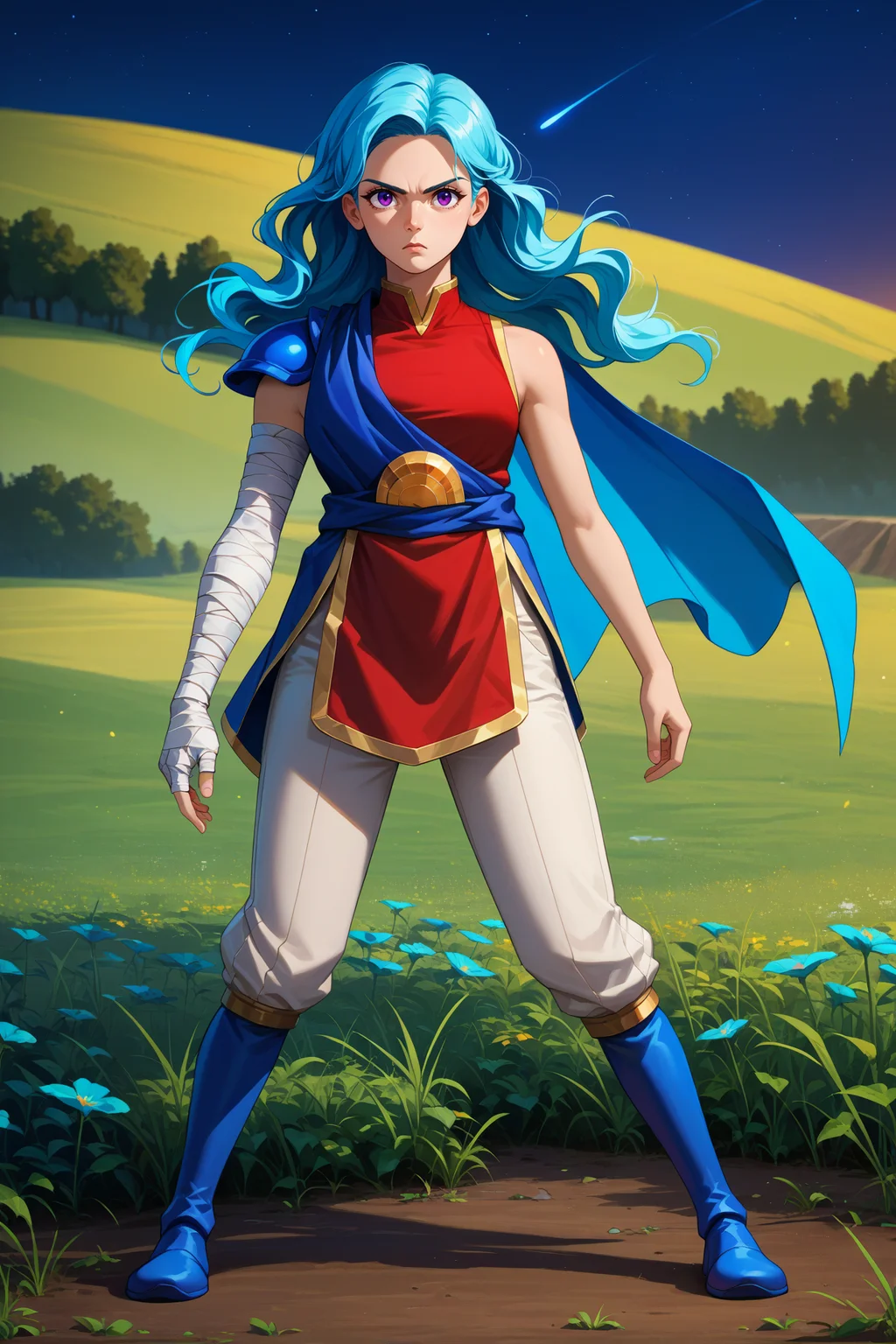 score_9, score_8_up, score_7_up, score_6_up, source_anime, 1girl, solo, <lora:valere-pdxl-nvwls-v1-000005:1> valere, aqua hair, wavy hair, long hair, purple eyes, blue cape, blue sash, single shoulder pad, red shirt, sleeveless, bandaged arm, white pants, night sky, full body, blue boots, serious, standing, field, night