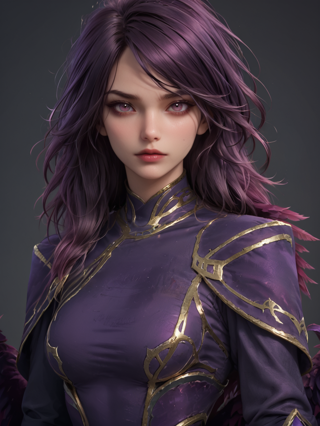 1girl, morgana (league of legends), morgana, (official cinematic), (league of legends), messy purple hair, purple armored dress, <lora:MorganaPonyV1:0.6>
looking at viewer, arms on side, waist up shot,