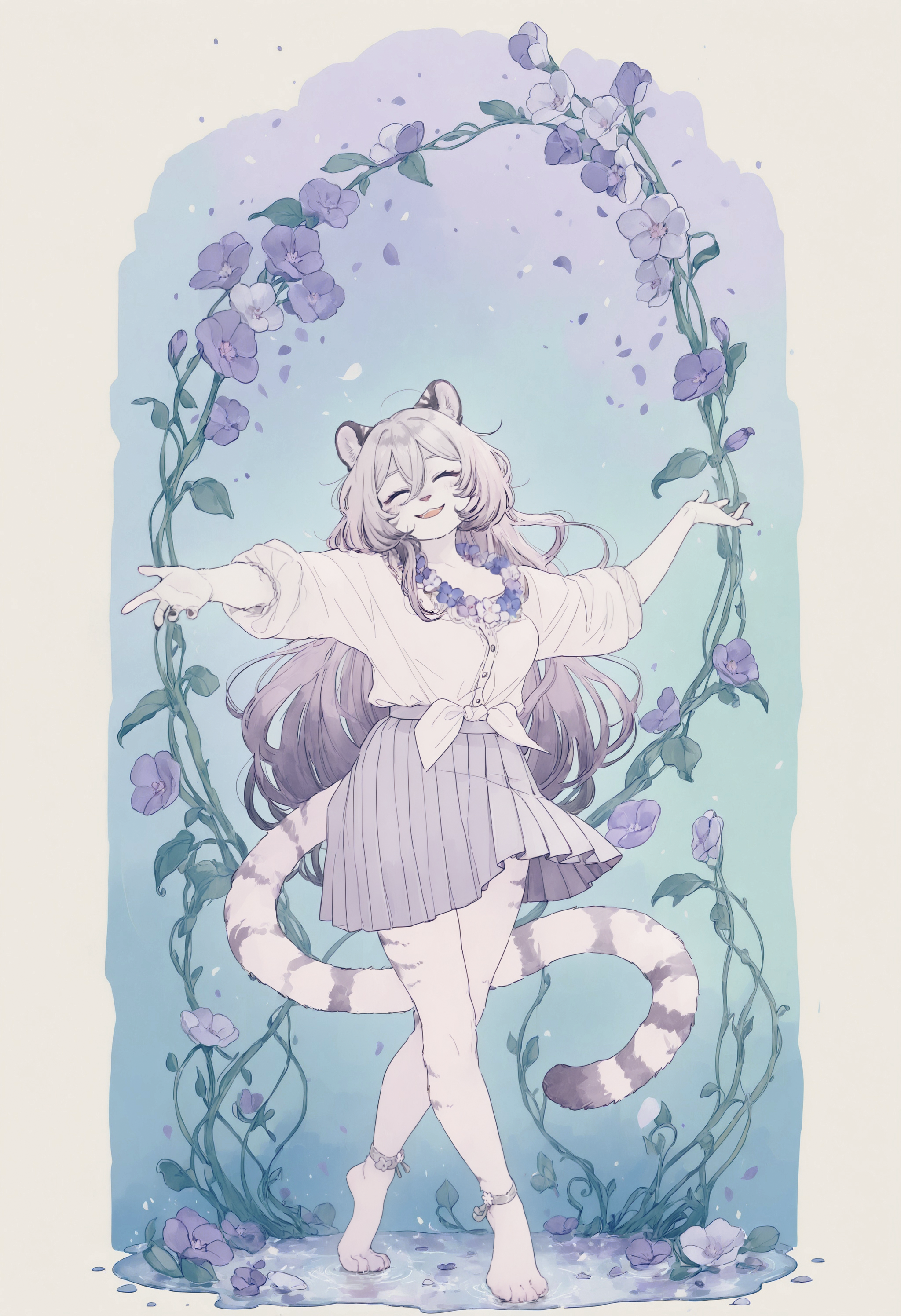 masterpiece, best quality, good quality,BREAK 1girl, hannah, kemono, smiling, eyes closed, white flowy button shirt, tucked in, flower necklace, lilac very long pleated skirt, full body, dancing, hands up, crossed legs, en pointe, bare feet, four toes, front view, dynamic,BREAK watercolor \(medium\), flowers, vines, splash, lush, scenery, light blue wash background, pastel colors, ornate border,
