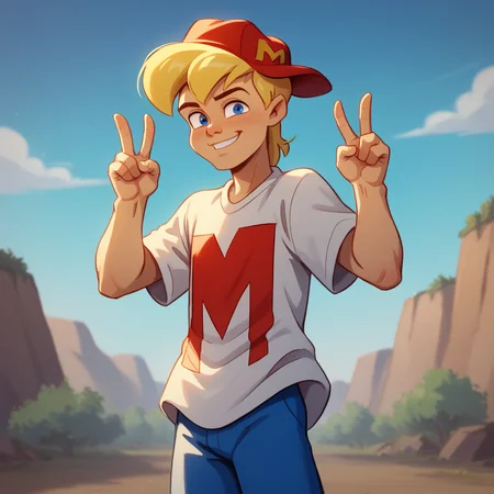 score_9_up, score_8_up, BREAK, MightyMax, 1boy, solo, blonde hair, blue eyes, red hat, shirt, blue pants, double v, cowboy shot, <lora:MAX_MightyMax_PXL_Leaf1:1>, outdoors, blue sky, smile,
