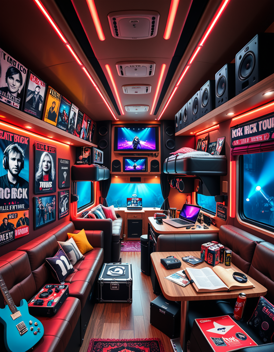 The interior of a modern RV customized for a rock band on tour. The space is stylish and lived-in, filled with musical gear like guitar cases, amps, and a drum pad. Posters of famous rock bands and tour memorabilia cover the walls. There are leather couches, a small kitchenette with snacks and energy drinks, and a cluttered table with laptops, cables, and setlists. A narrow hallway leads to sleeping bunks with personal items like headphones, books, and clothes tossed around. The lighting is warm with LED strips in red and purple tones, giving it a cozy but edgy atmosphere. A small TV displays concert footage, and speakers are mounted on the ceiling. The whole scene feels energetic, artistic, and chaotic in a creative way. Realistic style, rich colors, and highly detailed environment.
<lora:SDXLFaeTastic2400:0.4> <lora:extremely_detailed:0.4> extremely detailed <lora:r0ck_b4nd_rv:1>r0ck b4nd rv, Masterpiece,best quality,hi res,8k,hi res,8k,award winning,(sharp focus, intricate, highly detailed),