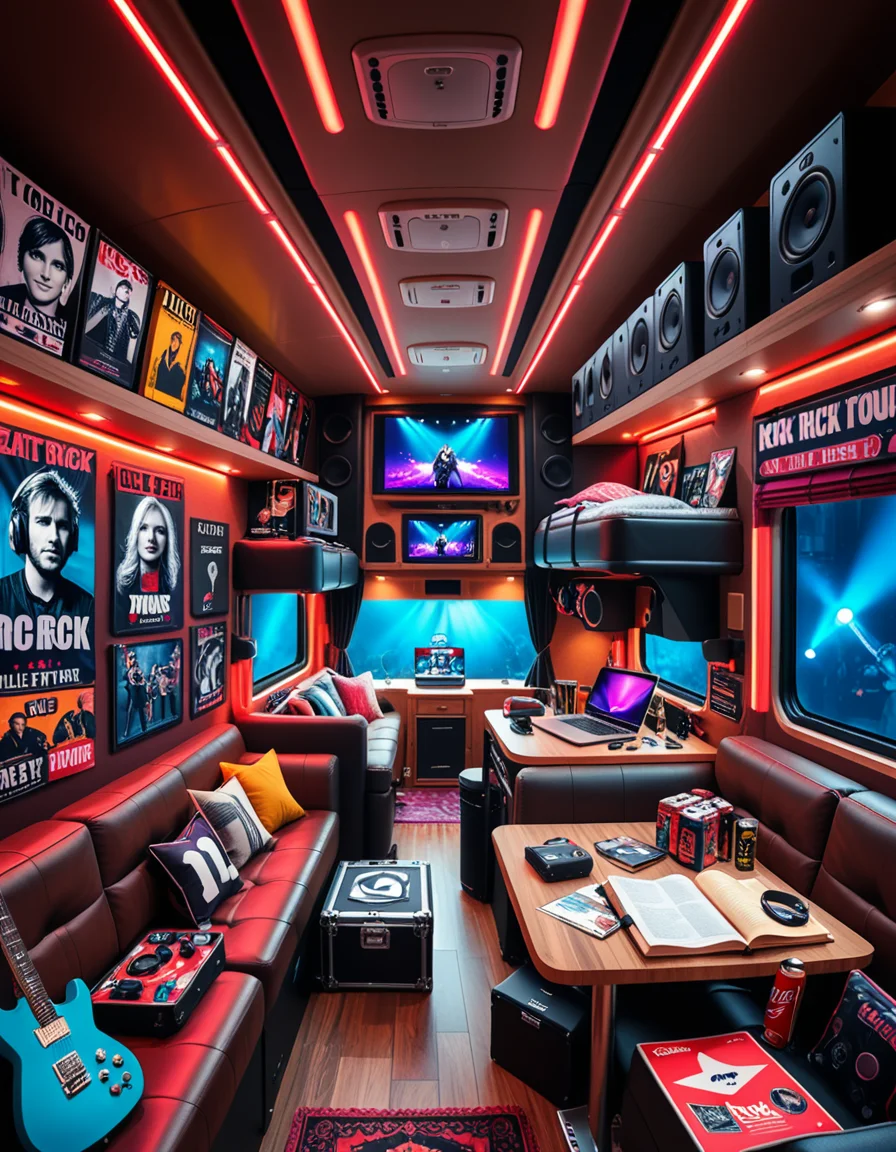 The interior of a modern RV customized for a rock band on tour. The space is stylish and lived-in, filled with musical gear like guitar cases, amps, and a drum pad. Posters of famous rock bands and tour memorabilia cover the walls. There are leather couches, a small kitchenette with snacks and energy drinks, and a cluttered table with laptops, cables, and setlists. A narrow hallway leads to sleeping bunks with personal items like headphones, books, and clothes tossed around. The lighting is warm with LED strips in red and purple tones, giving it a cozy but edgy atmosphere. A small TV displays concert footage, and speakers are mounted on the ceiling. The whole scene feels energetic, artistic, and chaotic in a creative way. Realistic style, rich colors, and highly detailed environment.
<lora:SDXLFaeTastic2400:0.4> <lora:extremely_detailed:0.4> extremely detailed <lora:r0ck_b4nd_rv:1>r0ck b4nd rv, Masterpiece,best quality,hi res,8k,hi res,8k,award winning,(sharp focus, intricate, highly detailed),