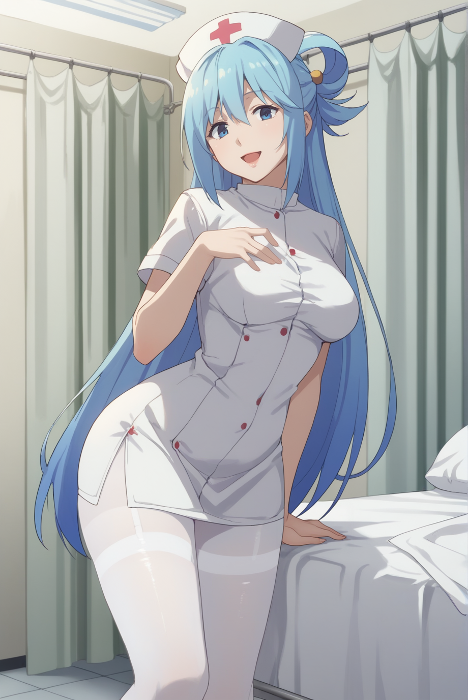 score_9, score_8_up, score_7_up, score_6_up, score_5_up, score_4_up, BREAK source_anime, 1girl, solo,
<lora:AquaXL-v1-07:0.7>, ChopioAqua, blue hair, long hair, very long hair, hair ornament, hair between eyes, blue eyes, looking at viewer, 
mature female, (thick thighs:0.8), medium breasts,
single hair ring,
outfit_5, nurse, nurse cap, white pantyhose, white dress, thighband pantyhose, 
hospital, white curtain, hospital bed, standing, smile, open mouth, short dress,