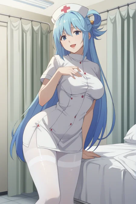 score_9, score_8_up, score_7_up, score_6_up, score_5_up, score_4_up, BREAK source_anime, 1girl, solo,
<lora:AquaXL-v1-07:0.7>, ChopioAqua, blue hair, long hair, very long hair, hair ornament, hair between eyes, blue eyes, looking at viewer, 
mature female, (thick thighs:0.8), medium breasts,
single hair ring,
outfit_5, nurse, nurse cap, white pantyhose, white dress, thighband pantyhose, 
hospital, white curtain, hospital bed, standing, smile, open mouth, short dress,