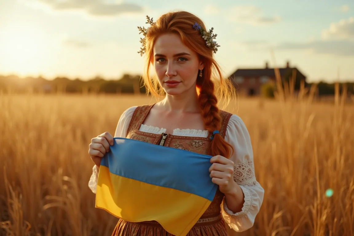 A cinematic, photorealistic portrait of krasinafoxx, a red-haired woman with her hair woven into a traditional Ukrainian braid, adorned with delicate wildflowers and ribbons. She wears an ornate, embroidered Ukrainian dress in warm earth tones. Standing in a windswept rural field under golden hour light, she holds the Ukrainian flag close to her heart with solemn pride. Her eyes are filled with quiet strength, hope, and a plea for peace. The image is framed like a scene from an Eastern European historical drama — soft natural light, subtle lens flare, muted cinematic color grading, fine film grain, and shallow depth of field. The mood is emotional, powerful, and steeped in cultural identity.