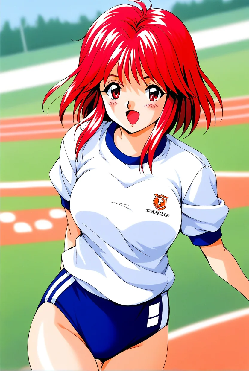 score_9, score_8_up, score_7_up, source_anime, rating_explicit, BREAK <lora:Asahina_Yuko_XL:1> AsahinaYuko, red hair, medium hair, red eyes, bangs, sidelocks, breasts, solo, 1990s (style),
dark blue buruma, blush, white gym uniform, open mouth, cowboy Shot,
track and field,