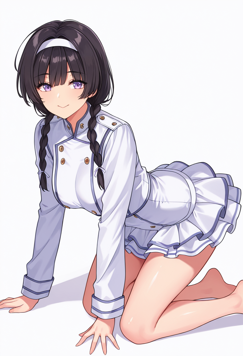 <lora:Suzune_Kagami_CNR:0.8> susune_cnr,black hair, long hair, twin braids,purple eyes, medium breasts,white hairband, double-breasted jacket,  ,bustier,layered skirt,, Smooth Quality,masterpiece,very intricate, high quality details, ultra realistic, high detailed skin,detailed enviorement,absurdres,, simple background, white background, from side,solo,
kneeling, one hand on ground, reaching forward, focused, tense,  ,, c:,