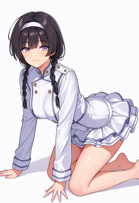 <lora:Suzune_Kagami_CNR:0.8> susune_cnr,black hair, long hair, twin braids,purple eyes, medium breasts,white hairband, double-breasted jacket,  ,bustier,layered skirt,, Smooth Quality,masterpiece,very intricate, high quality details, ultra realistic, high detailed skin,detailed enviorement,absurdres,, simple background, white background, from side,solo,
kneeling, one hand on ground, reaching forward, focused, tense,  ,, c:,