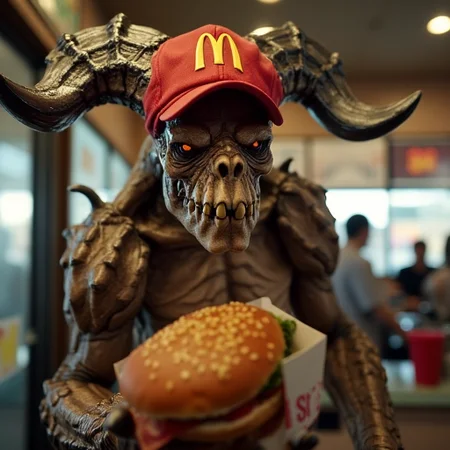 A deathclaw standing behind the counter at a MacDonald's, wearing a MacDonald's hat, extending a Happy Meal to the viewer, high resolution