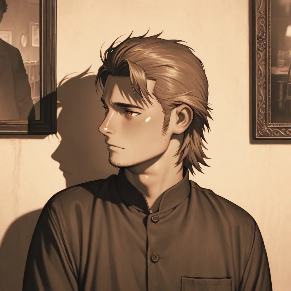 masterpiece, best quality, amazing quality, absurdres, newest, detailed background, definition so sharp, Ultra-HD, 8K cinematic, very awa, impressionate, amazing quality, highres, 
solo, male focus, manly, plump, shadow, shiny skin,
ekusoushizumu, ekusou_brunette, ekusou_orange eyes, 1boy, short hair, sideburns, stubble, nostalgia, vintage, sepia_tone, old_photograph, dusty_books, antique_shop, warm_memories, reminiscing, old_fashioned_clothes, soft_textures, timeless, classic, film_grain