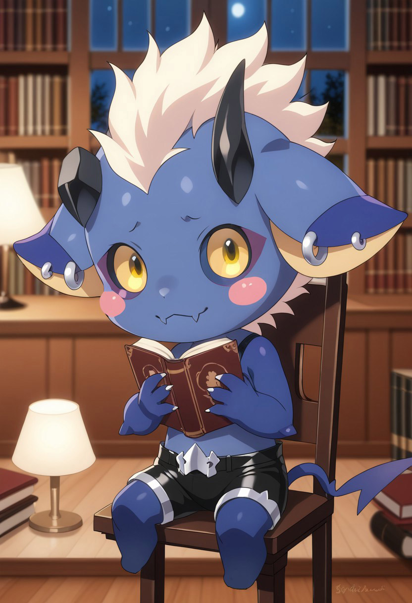 colored sclera, watermark, solo, blue body, blush stickers, blond hair, blue hands, fangs, cute, chibi, shorts, red tongue, silver-belt on shorts, blue fangs, horns_broke, blurry, no text no_fangs, no heels, blue_fangs, yellow eyes, cartoon, smooth shiny body, , night, high quality, detailed, digital art, lamp, closed mouth, indoors, sit on chair, library room, read book, eyes on book,