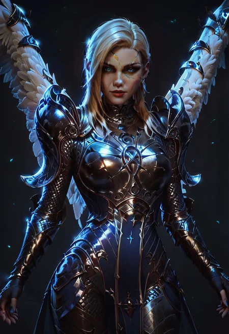 score_9, score_8_up, score_8, 1girl, smooth, dameaylin, cracked gold skin, pale white skin, blonde hair, highly detailed, perfect, high quality, high definition, looking at viewer, sullen, concept art, realistic, dark theme, low light, black angel wings, dark forest, glowneon, glowing, blue glow, wearing armor, blue glow shining down from above