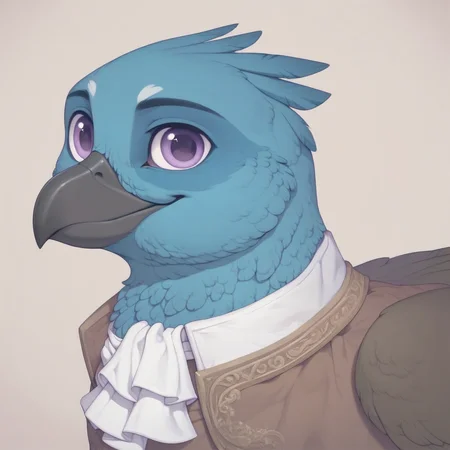 masterpiece, score_9, score_8_up, score_7_up, score_6_up, (best quality:1.1), ultra-detailed, high resolution, 1character, solo, Ondska, griffon, avian, feral, male, (((beautiful detailed purple eyes))), black beak, pastel blue feathers, closed mouth, ;ooking at viewer, noble clothes, white ascot, portrait, simple background, smiling, Highly Visible, sharp focus, anatomically correct, extremely detailed