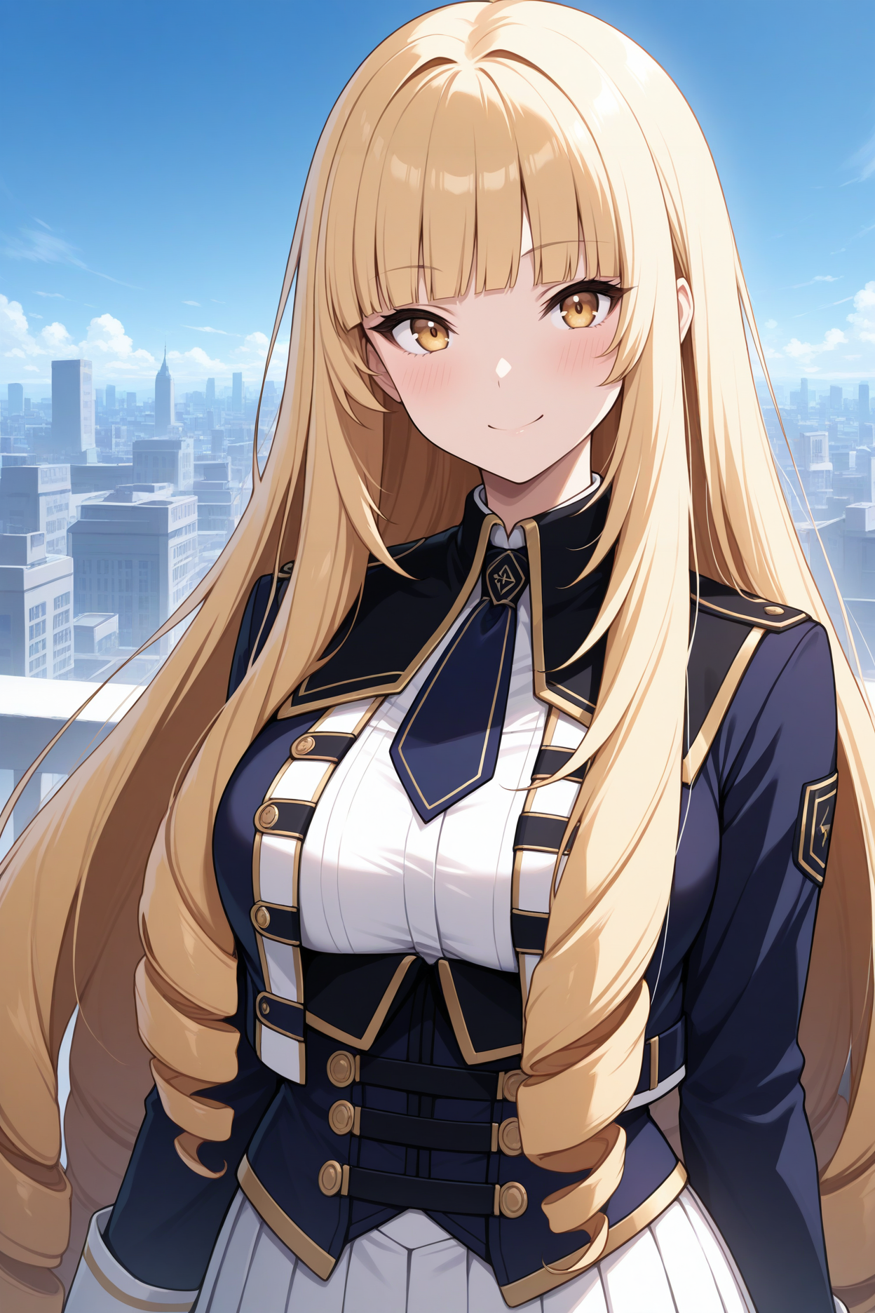masterpiece, best quality, 1girl, solo,  <lora:roseoriana-illu-nvwls-v1-000006:1> sdoriana, blonde hair, very long hair, drill hair, blunt bangs, yellow eyes, brown eyes, dark blue jacket, cropped jacket, long sleeves, dark blue necktie, white shirt, corset, white skirt, pleated skirt, upper body, looking at viewer, blue sky, city, hdr, smile, blush, breasts