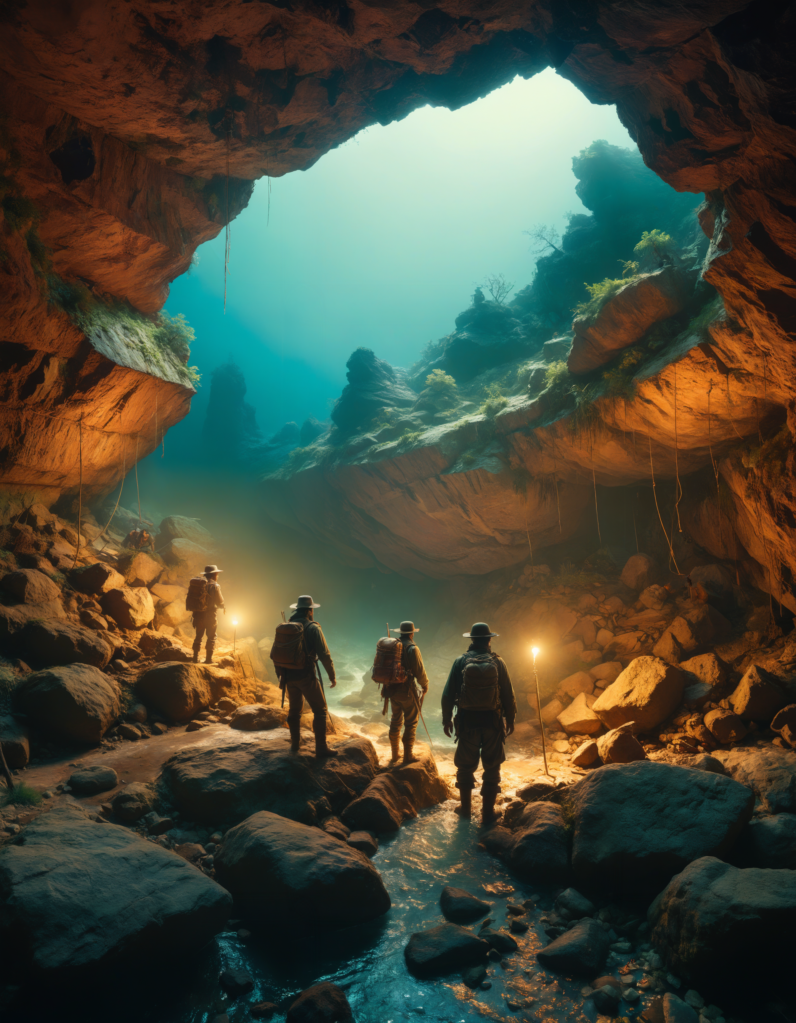 by Ivan Aivazovsky and Barbara Stauffacher Solomon, hyper realistic full view photo of  a (group of brave adventurers exploring a hidden treasure-filled cave guarded by ancient traps:1.1),  (cluttered , iconic , blank , sparkling , masterful:1.4), bold lines, hyper detailed, award winning, limited color palette, high contrast, depth of field, (intricate details, masterpiece, best quality:1.4)
dramatic cinematic lighting, film grain, looking at viewer, dynamic pose, wide angle panoramic view,
<lora:add-detail-xl:0.5> <lora:xl_more_art-full_v1:0.5> <lora:looking_at_viewer:2>