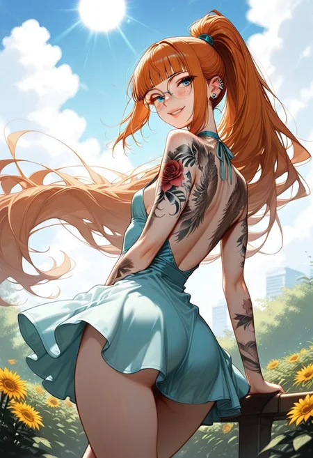 masterpiece, best quality, 32k, high resolution, absurdres, Yulia, YuliaRH, 1girl, ginger hair, blunt bangs, double_tendrils, very long hair, high ponytail, straight hair, blue eyes, slim, small breasts, piercings, beautiful full lips, freckles, lot of freckles, small round mouth, round eyeglasses, t4ts, tattoos, tattoo, full-body tattoo, full arm tattoo,floral sundress, short dress, focus on face, detailed lips, detailed eyes, expressive, looking at the viewer, posing, posing cute, smiling, teeth, outdoors, garden, flowers, cloudy, sun, sun rays, back view, from behind shot, flowing hair, flowing skirt,