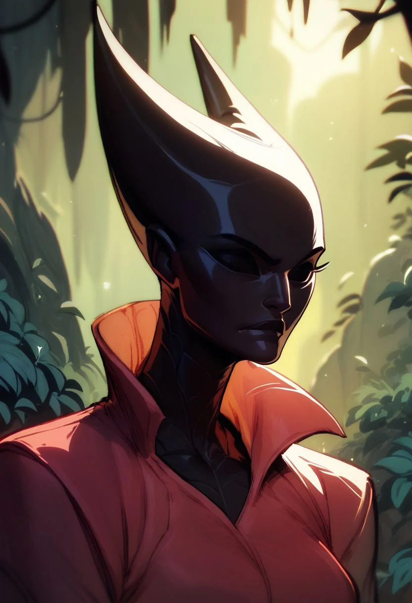 score_9, score_8_up, score_8, score_7_up, score_7, score_6_up, score_6, score_5_up, red cloak, black skin, hornet_hk, vox machine style, 1girl, female focus, solo, portrait, fantasy, forest background, (dynamic lighting:1.1) ((masterpiece))