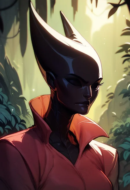 score_9, score_8_up, score_8, score_7_up, score_7, score_6_up, score_6, score_5_up, red cloak, black skin, hornet_hk, vox machine style, 1girl, female focus, solo, portrait, fantasy, forest background, (dynamic lighting:1.1) ((masterpiece))