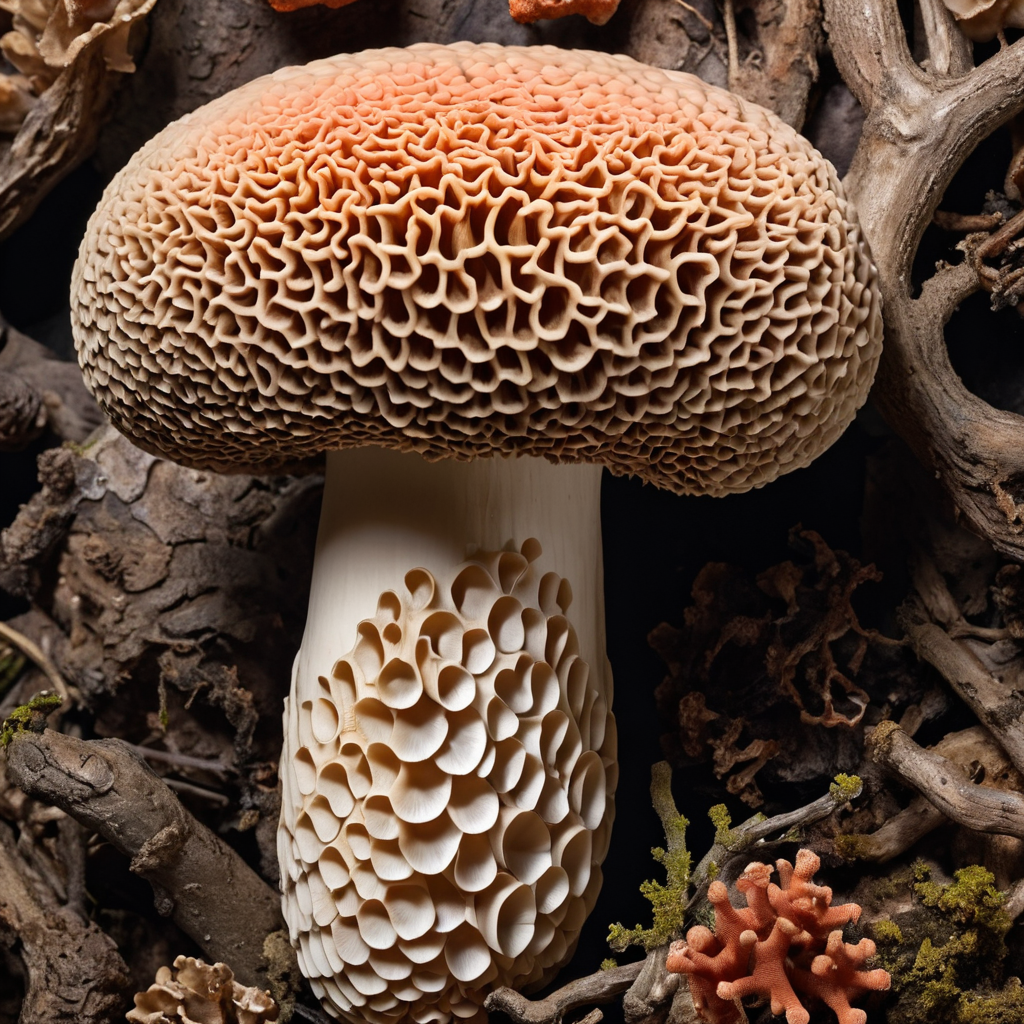 Detailed image of Morel Mushroom with Coral Mushroom matrix <lora:MyShroom:0.4>