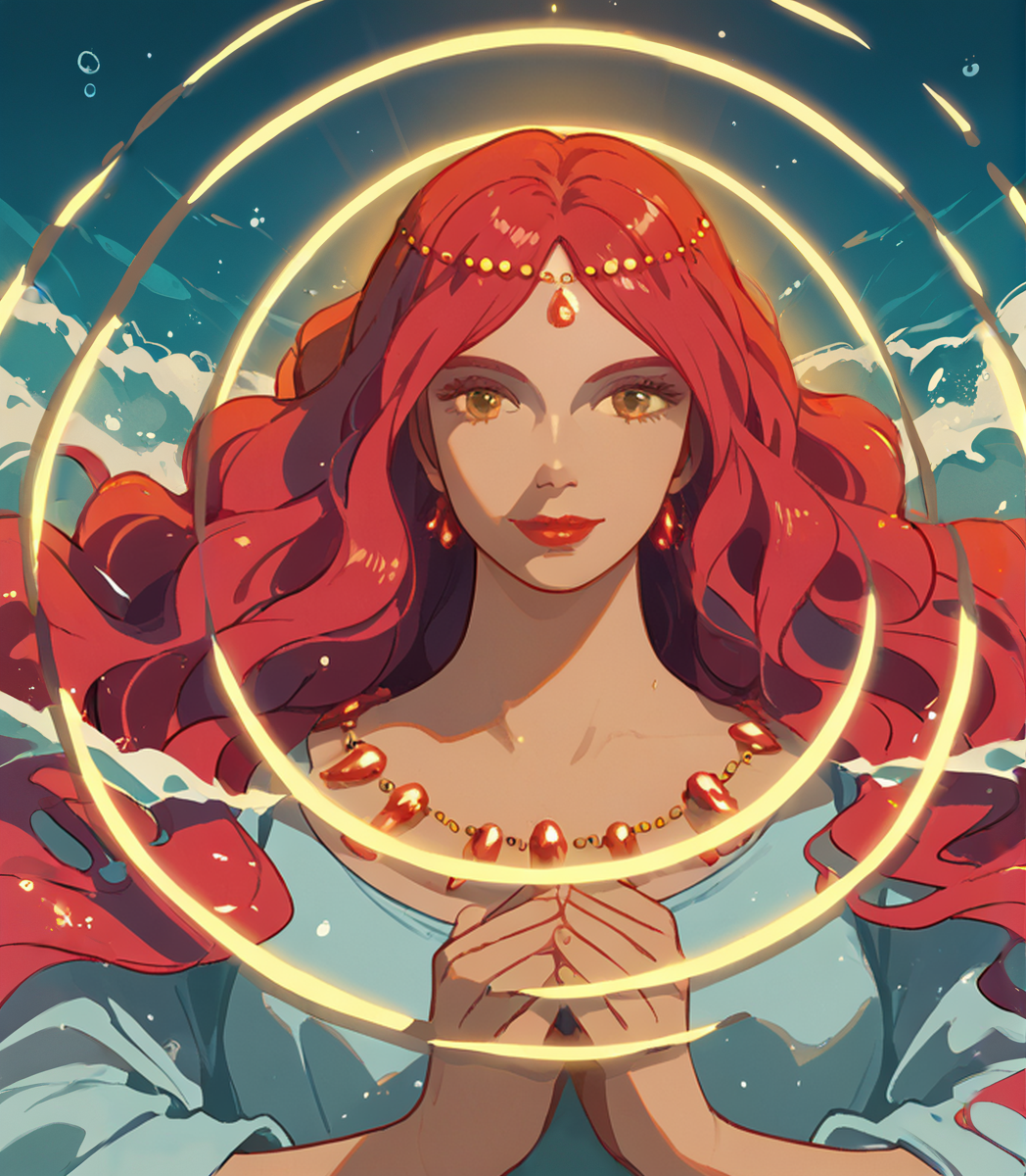 score_9, score_8_up, score_7_up,   <lora:Granmamare:1>, âGranmamare, the majestic and elegant sea goddess, with glowing golden light radiating from her, her hair flowing like water, surrounded by swirling waves and magical sea creatures, as she watches over her ocean kingdom with calm authority.â