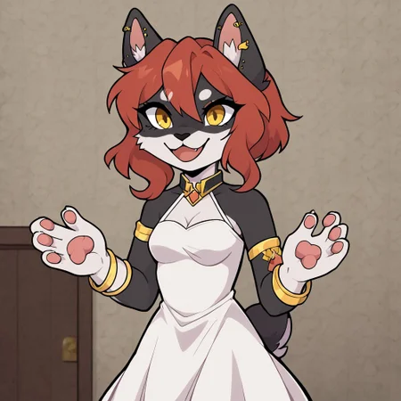 masterpiece, high quality, perfect, 2d art, 1girl, anthro dog, furry, female, adult, black fur, red hair, 4 fingers in hand, white fur hands, dog ears, tail, white dress, bracelet, yellow eyes, indoors, alone, detailed fur, small breasts, happy, smiles