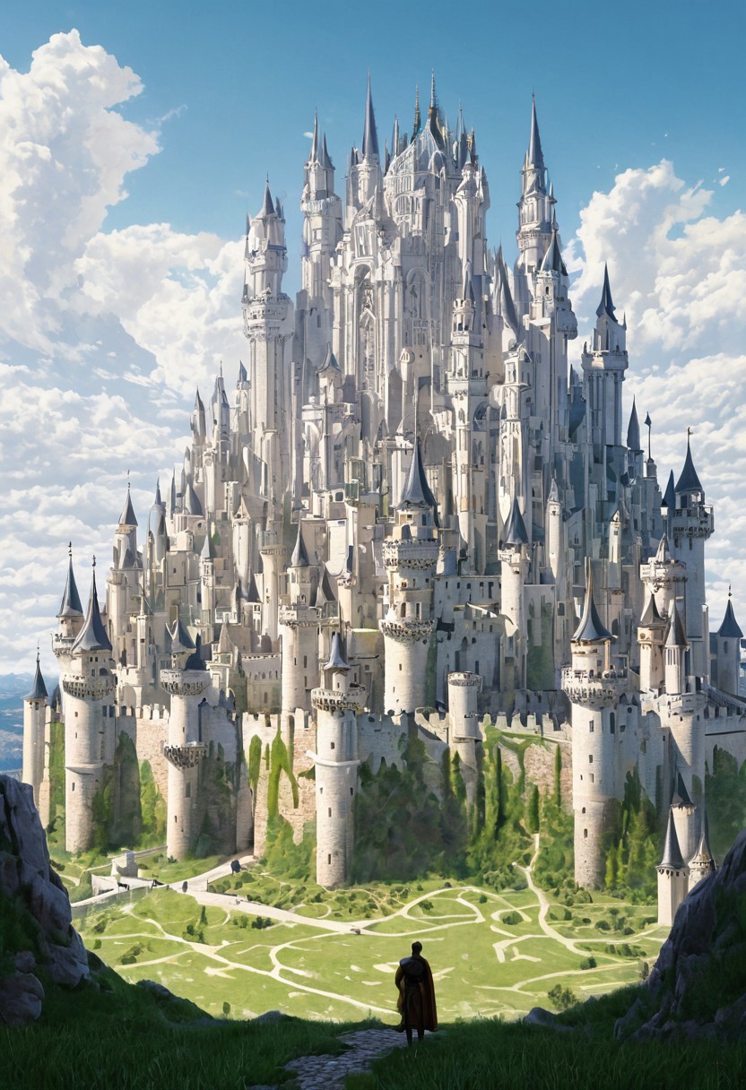 castle,
A traveler looking at a gigantic castle made of dozens of towers, medical, white, grass,