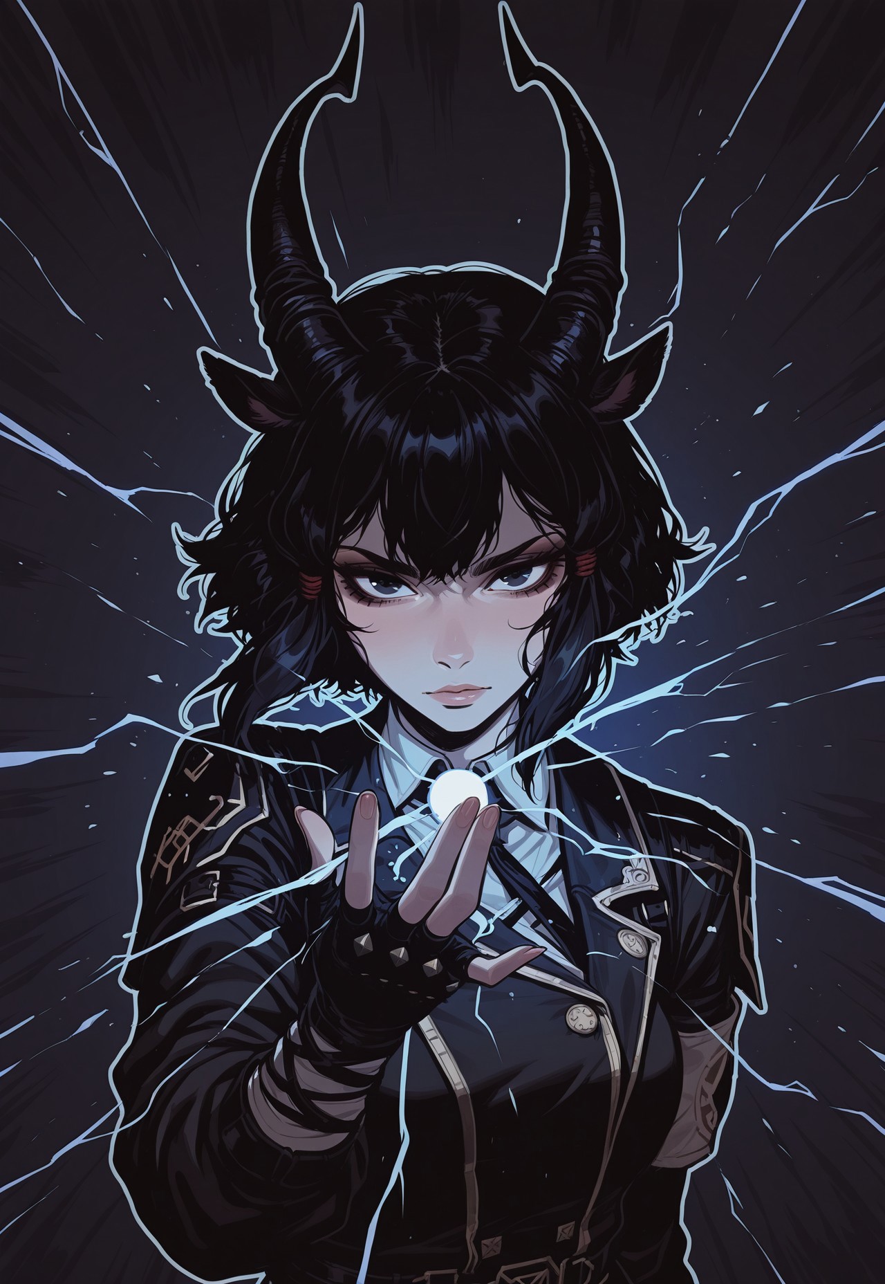 score_9, score_8_up, score_7_up, masterpiece, best quality, very aesthetic, detailed face, (dynamic:1.1), incoth, (incase:0.6), thick lines, outline, illustration, 1girl, demonic goat girl, black hair, slanted bob, black, dark, casting spell, arcane, horny, spaded tail, horns, upper body, angle, clean, animal ears, 