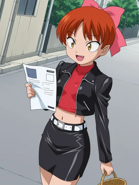 masterpiece, best quality, amazing quality, detailed background, perfect eyes, anime coloring, anime screenshot, 2000s \(style\), 1girl, solo, nekomusume (gegege no kitaro 5), red hair, short hair, choppy bangs, pink hair bow, yellow eyes, small breasts, white cropped jacket, long sleeves, open jacket, two-tone leather top, red and black, turtleneck, navel, white belt, two-tone leather pencil skirt, red and black, holding basket, holding flyer, open mouth, fang, smile, dutch angle, cowboy shot, (outdoors, street, pedestrians)