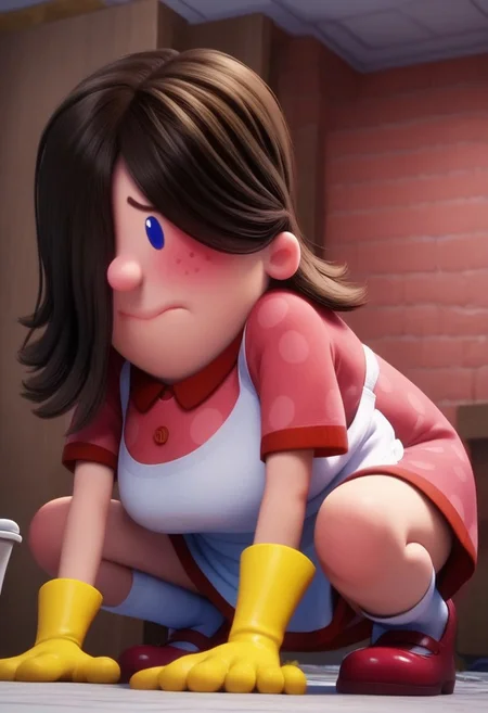edith (captain underpants), 1girl, dark brown hair, hair over one eye, hair covering one eye, dot blue eyes, freckles, blush, pink polka dot dress, short sleeves, white apron, yellow dishwashing gloves, pink mary janes, white socks, plump, curvy, Expressiveh, score_8_up, score_7_up, BREAK, 1girl, solo, cute, from below, head tilt, crouching, ninja pose, looking at viewer, detailed background, 4k, masterpiece, best quality, highly detailed, realistic, low-angle shot, realistic, 3d, no neck, chibi, wavy mouth, horny, smiling, biting lips,