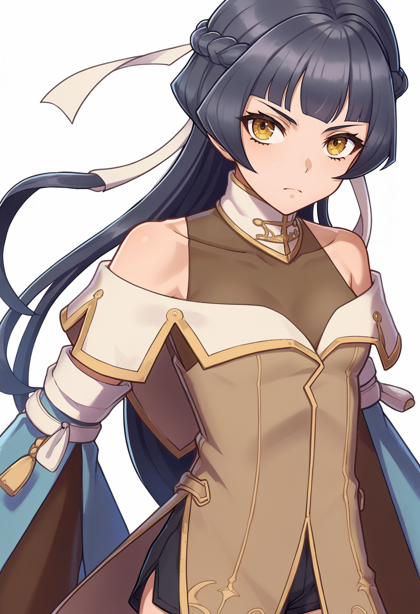 score_9, score_8_up, score_7_up, source_anime BREAK 1girl, solo,
<lora:zs_EngagePortraitsXL:1> engageportraits, portrait, white background
 <lora:feathena-pdxl-nvwls-v1:1> feAthena, black hair, long hair, hair ribbon, brown dress, detached sleeves, bare shoulders, black shorts, thighhighs,