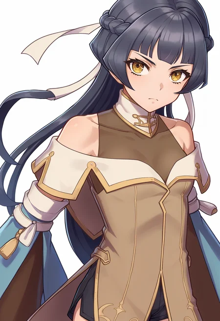 score_9, score_8_up, score_7_up, source_anime BREAK 1girl, solo,
<lora:zs_EngagePortraitsXL:1> engageportraits, portrait, white background
 <lora:feathena-pdxl-nvwls-v1:1> feAthena, black hair, long hair, hair ribbon, brown dress, detached sleeves, bare shoulders, black shorts, thighhighs,
