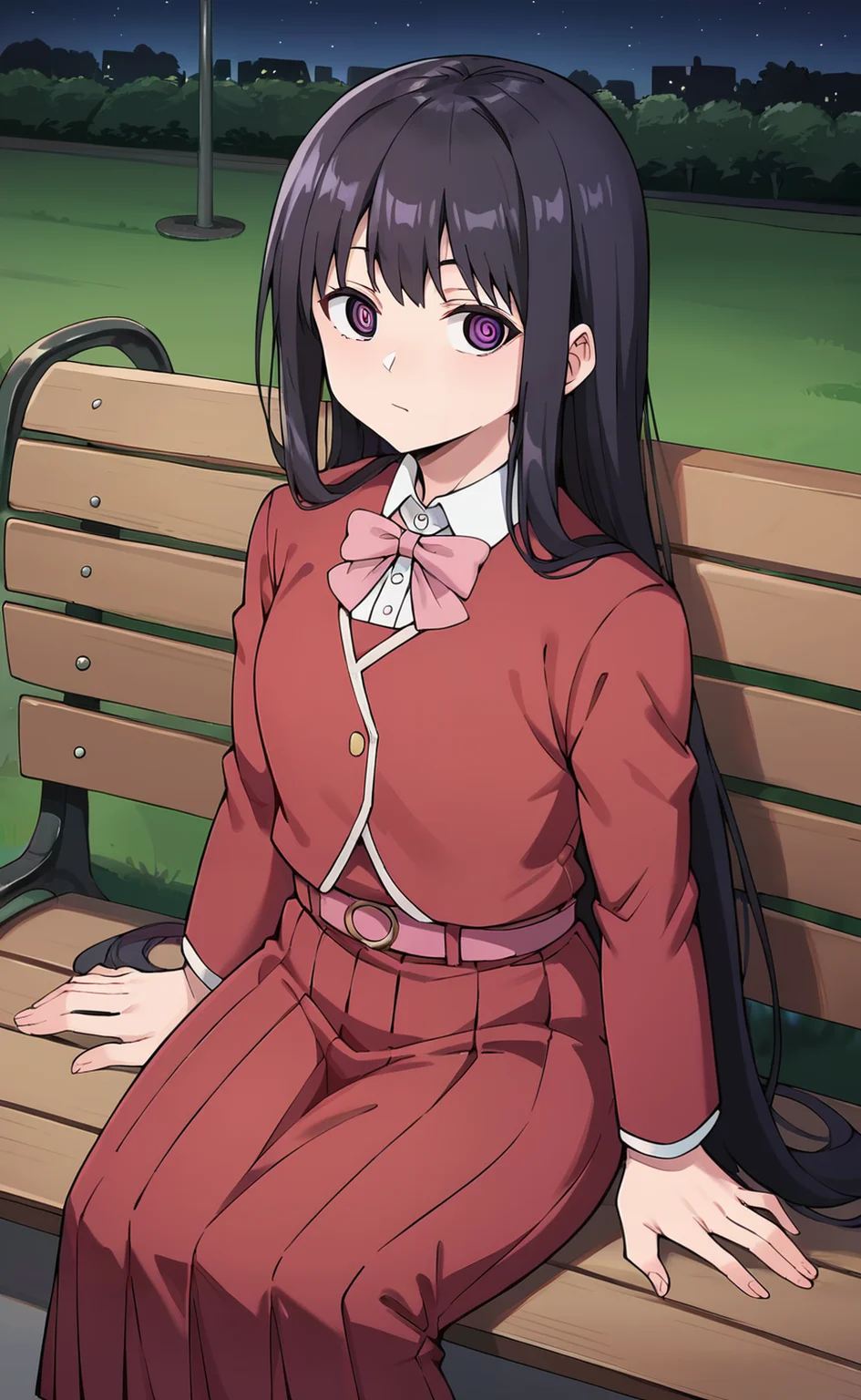 source_anime, zPDXL2, 1girl BREAK
<lora:oto_adashino:1>, oto_wz, black hair, very long hair, purple eyes, ringed eyes, school uniform, red skirt, bowtie, pink bow, blazer, belt, long sleeves, collared shirt, neck ribbon, sitting, park bench, park, outdoors, night, star \(sky\), looking to the side,