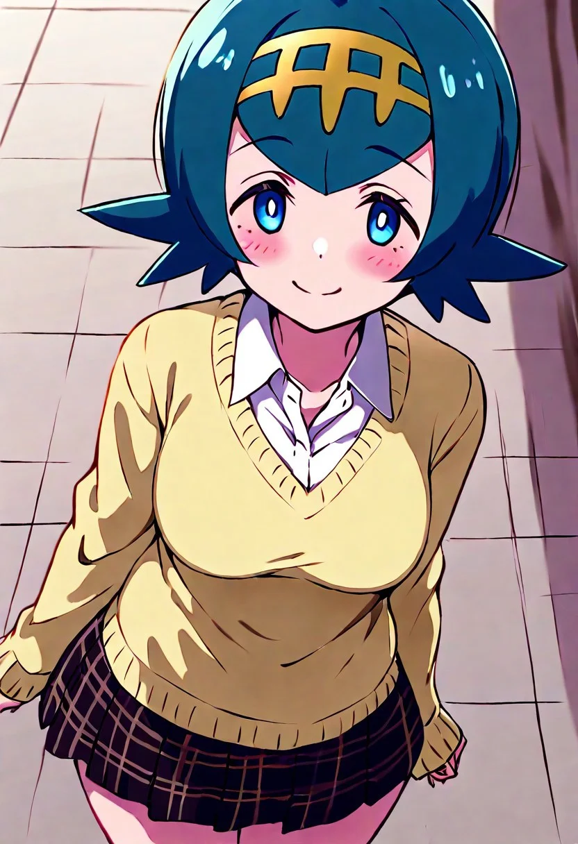 masterpiece, best quality, absurdres, medium breasts, (curvy), cute, eyelashes, vivid colors,
BREAK,
,,,
zzLana, yellow hairpiece, blue hair,
,,,
closed mouth, alternate costume, smile, looking at viewer, collared shirt, blush, sweater, black skirt, eyelashes, long sleeves, sleeves past wrists, plaid skirt, blurry, tile floor, pleated skirt, white shirt, cowboy shot,