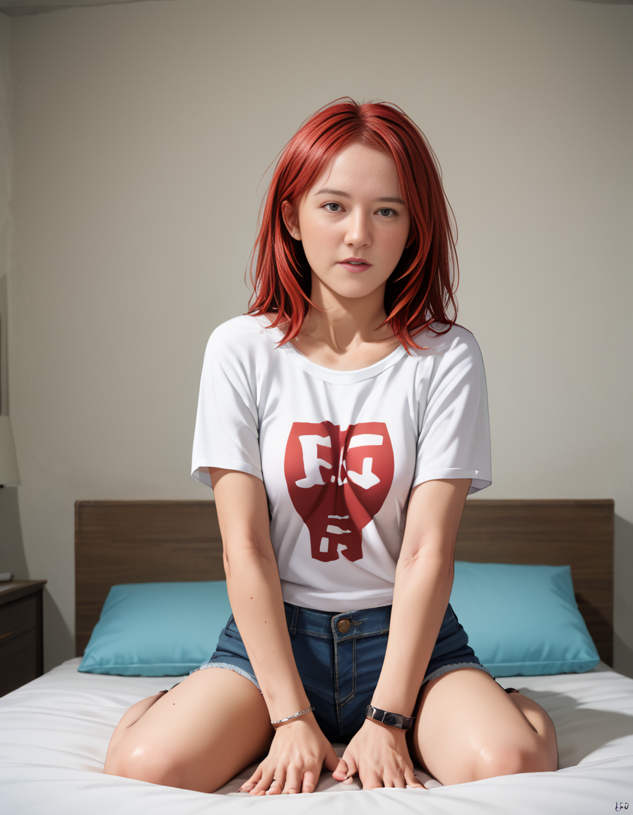 score_9,score_8_up,source_anime,1girl,hair,woman,<lora:MitchyX:1>,mitchyx,red hair,jeans,tshirt,sitting on end of bed,modern bedroom,tv on,