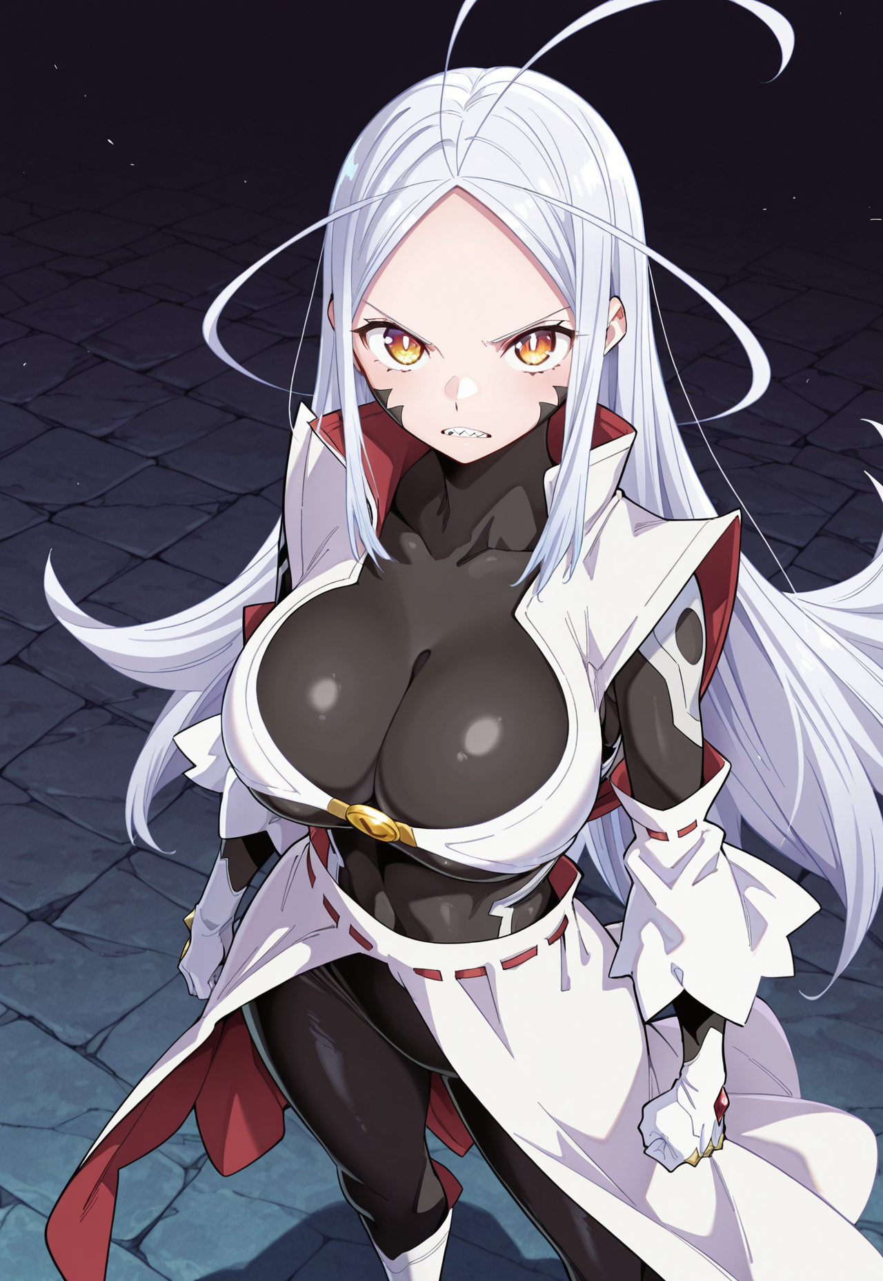masterpiece, best quality, amazing quality, 1girl, solo, detailed beautiful eyes, white pupils, slit pupils, aoba wakara, long white hair, center part, antenna hair, sharp gold eyes, sharp teeth, black markings on face, large breasts, wide hips, black skintight bodysuit, white sleeveless overcoat with red inner fabric, high collar, bra front linked by gold button, pointed shoulders, detached white sleeves with red inner fabric, white clawed gloves with bronze detailing, long white open front skirt with red inner fabric and red trim on waist, white shin-high boots, manga, full colour, neutral expression, standing


















