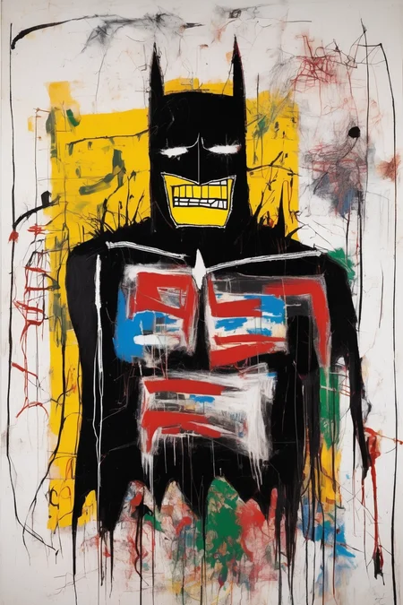 Jean-Michel Basquiat Style - raw dirty oil paiting Batman by Basquiat could be a commentary on social injustice, filled whit symbolic elements and rendered in bold, chaotic lines and vivid colours