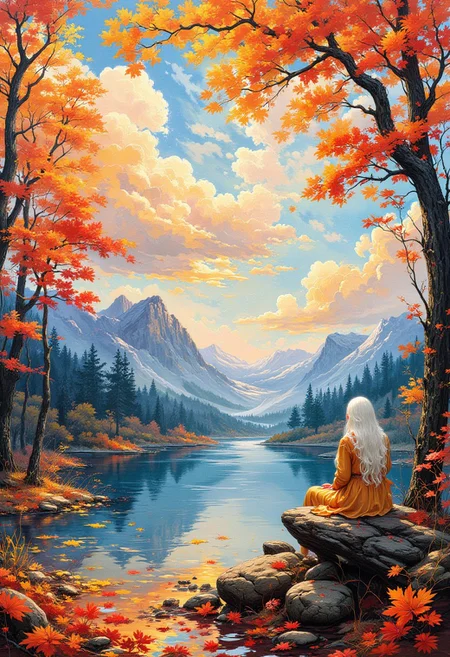 painted world, PsychadelicChaos, outdoors, a beautiful woman with long white hair sitting on a tree while overlooking a lake, a breathtaking autumn landscape fills the scene as maple leaves gently fall to the ground, beautiful painted clouds loom overhead,
