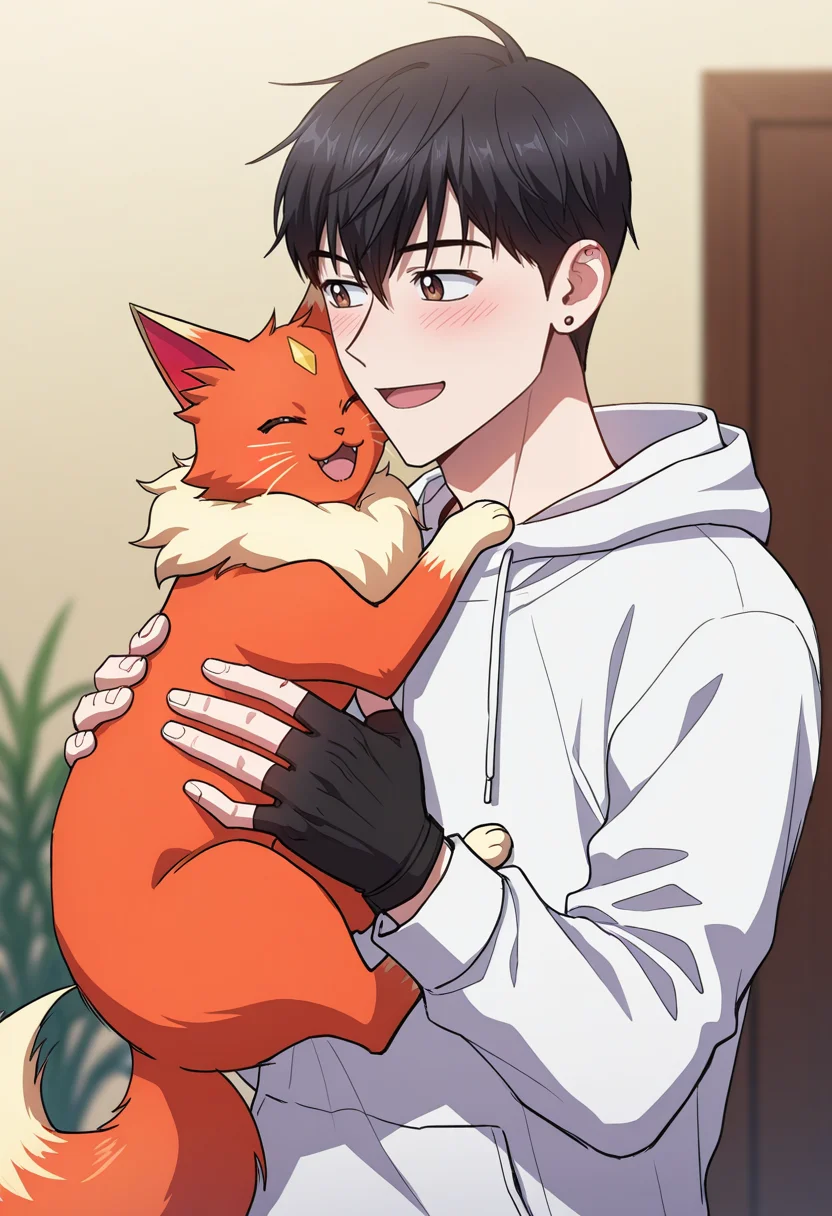 masterpiece, best quality, amazing quality,high resolution, intricate details,official style,depth of field,anime coloring,anime screencap , , , 1boy, solo, male focus,  <lora:han_yoojin:0.85>,han yoojin,black hair,short hair,brown eyes,stud earring,blush, smile, open mouth, long sleeves, gloves, holding, jewelry, upper body, closed eyes, black gloves, hood, fingerless gloves, hoodie, animal, hood down, holding animal, white hoodie,fox tails,cat,peace,sketch,pokemon(creature)