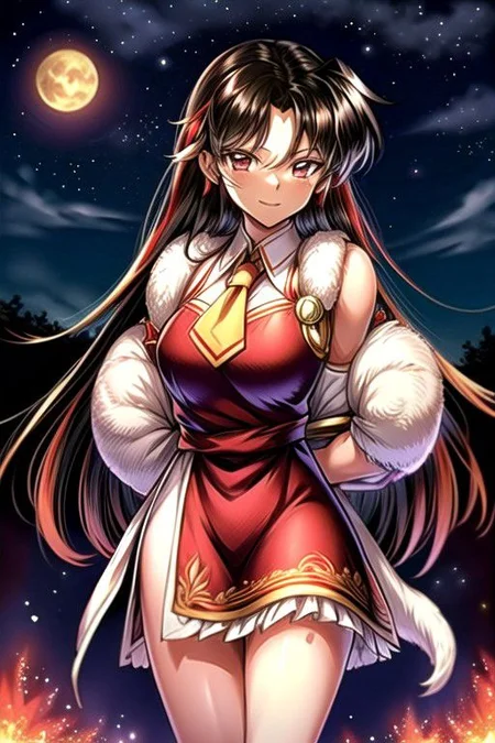 best quality 1girl Setsun4 solo long hair, (night time) forest background black hair very long hair purple eyes multicolored hair armor, small, (fur trim) (medium body),<lora:EMS-179-EMS:0.800000>,<lora:EMS-293862-EMS:0.800000> bow, hair_bow, hair_tubes, red_bow, brown_hair, long_hair, bangs, ascot, frilled_bow, yellow_ascot, blush, smile, hair_between_eyes, athletic, armor, miko, ,(((intricate outfit,intricate clothes,embroidered outfit,ornate outfit,embroidered clothes,ornate clothes))), strengthmda, crossed arms,