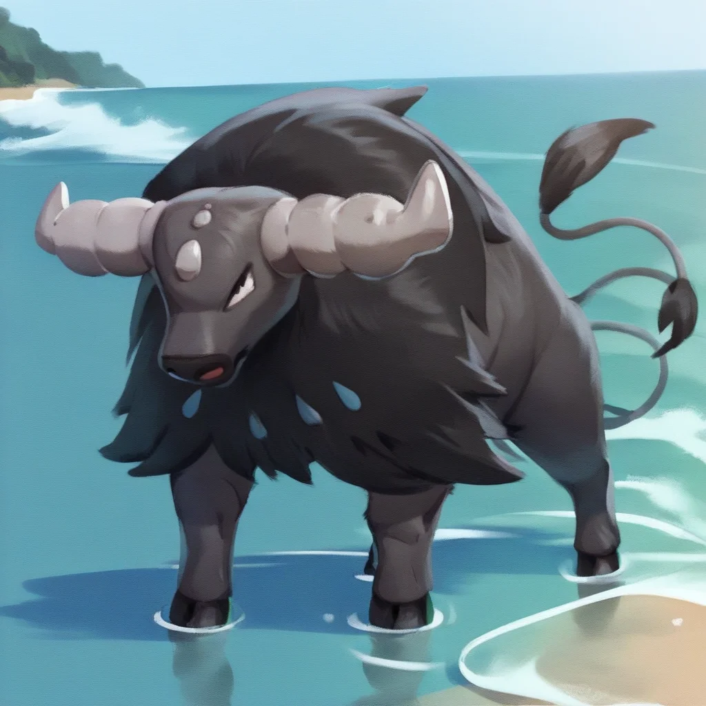 score_9, score_8_up, score_8, furry, PTauros, bull, horns, black fur, neck tuft, pokemon (creature), cartoon style, 2d, feral, solo, standing in water, wave in background, outside, beach, on water