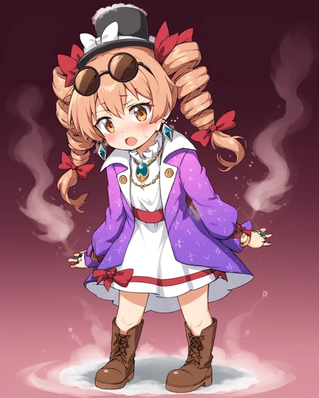 yorigami jo'on,1girl, peeing_self, pee, brown_footwear, twin_drills, eyewear_on_head, sunglasses, solo, open_mouth, boots, necklace, hat_bow, earrings, ring, tears, have_to_pee, flying_sweatdrops, long_sleeves, embarrassed, nose_blush, own_hands_together, white_dress, black_headwear, v_arms, trembling, white_bow, looking_down, red_bow, high_collar, purple_coat, round_eyewear, standing, gradient_background, simple_background, gradient, red_background, cross-laced_footwear, steam, bangle, mini_top_hat, pendant, hair_ribbon, crying, red_ribbon
<lora:yorigami_jo'on_image1462_2023-12-20-000014:1>,star-shaped_pupils,symbol-shaped_pupils,. gorgeous,key visual, vibrant, studio anime,award-winning, professional, highly detailed,high budget, cinemascope
