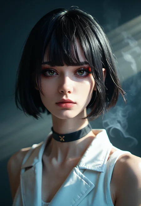 (((score_9), score_8_up), score_7_up), 1girl, 20 year old girl,<lora:Hairstyles:0.8>, face focus, short hair, black hair, short hair, bob cut, long bangs, white vest, bare shouldersm, black choker, looking at viewer, makeup, indirect light, dark back ground, smokey background,sharp, hyperdetailed:1.15   <lora:lighting Slider_alpha1.0_rank4_noxattn_last:-1.8>