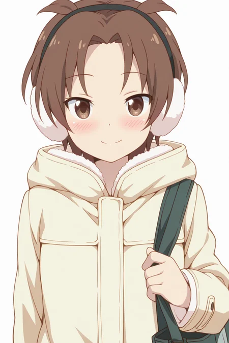 masterpiece, best quality, amazing quality,
<lora:Yuzu_IL:1> yuzu, solo, brown hair, brown eyes, earmuffs, smile, blush, short hair, coat, bag, looking at viewer, 1girl, upper body, winter